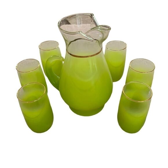 Vintage MCM Kitchen Blendo Lime Green Pitcher 6 Glass Set - Picture 8 of 10